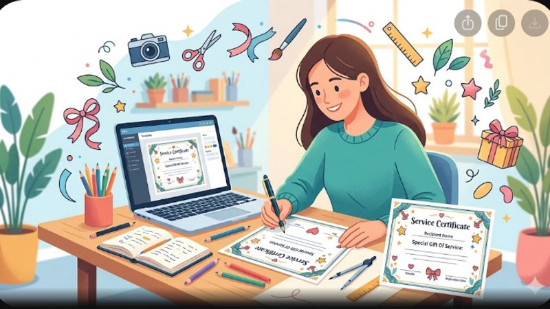 Современная иллюстрация процесса создания подарочного сертификата своими руками для статьи в блоге Sdelatotkritku